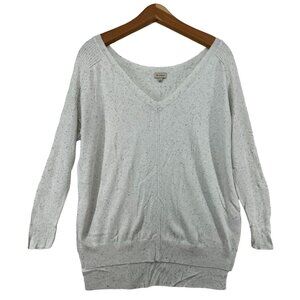 Cremiux Women Sweater L White Speckled V-Neck High-Low Hem Side Split Minimalist